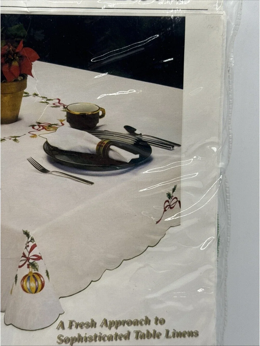 Vintage 1999 Jabara Christmas Ornaments Tablecloth Embroidered 65”x84” Cotton